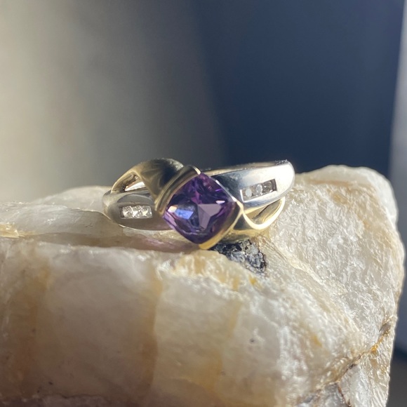 Amethyst and Diamond 2-Tone Gold 10k Ring - Picture 10 of 12
